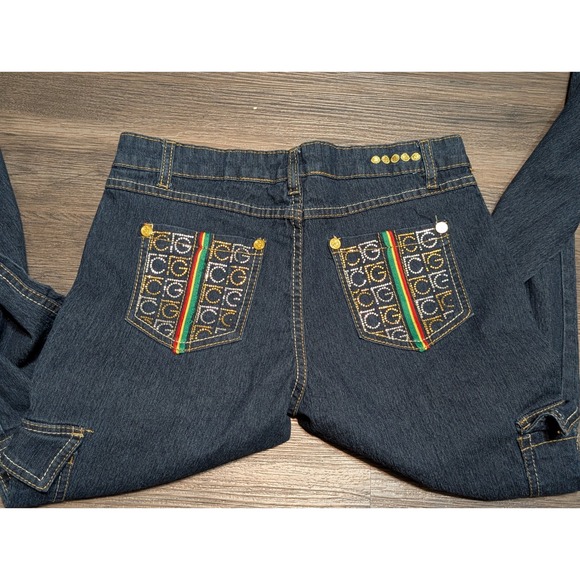 COOGI Denim - Coogi Womens Cargo Jeans Dark Wash Embroidered Rhinestone Rasta Stripe Size 16